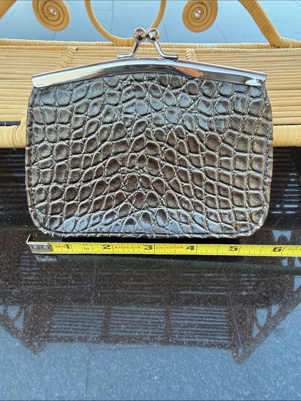 Classic Metallic CrocEmbossed KissLock Clutch  Silver